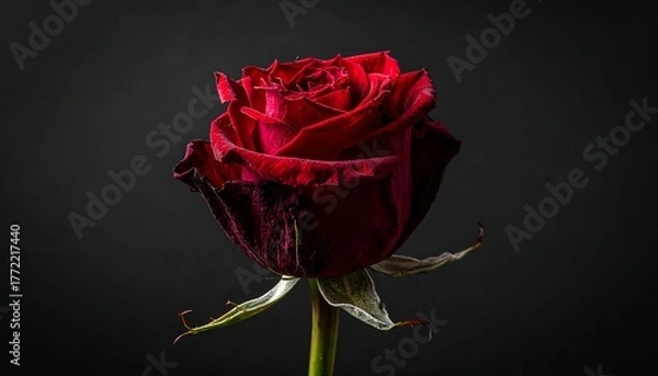 Fototapeta Detailed macro shot of a deep red rose against a dark gray backdrop