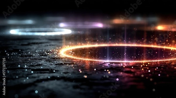 Fototapeta Glowing rings of light float above a dark, textured surface