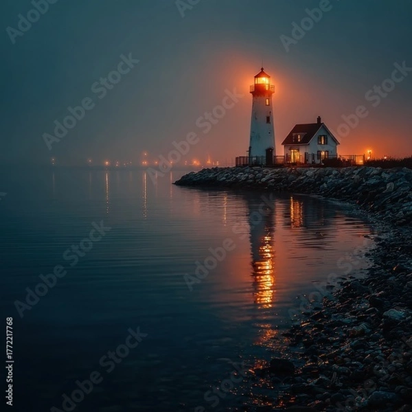 Fototapeta Lighthouse illuminates misty coast at dusk, with reflection in calm water