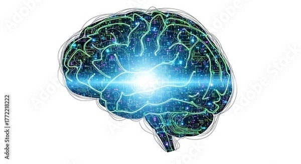 Fototapeta Digital Brain with Glowing Circuits and Light Burst