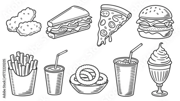 Fototapeta Crispy chicken nuggets, juicy burger, cheesy pizza slice, and classic sandwich perfect for fast food cravings and casual dining