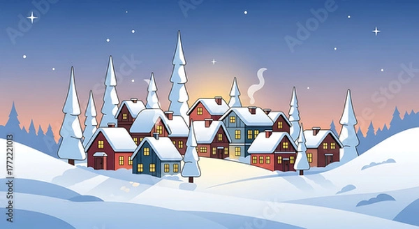 Fototapeta Winter village with snow-covered houses and pine trees