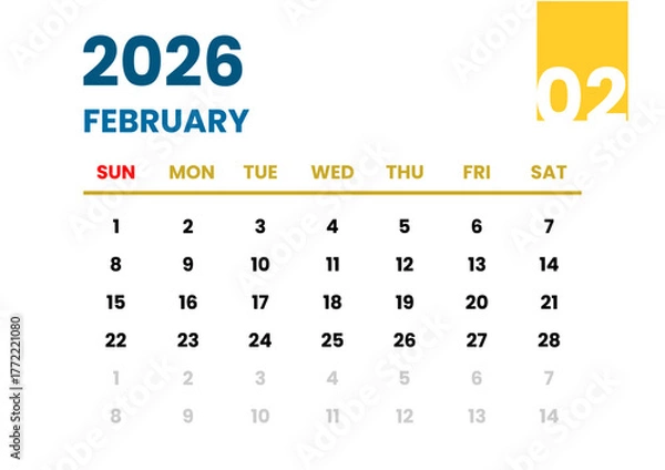 Obraz PrintFebruary 2026 Calendar. Sunday Start Format. February 2026 Monthly Calendar Template. End of Year Planner with Blue and Yellow Accent. Clean Blue and Yellow Calendar February 2026. 