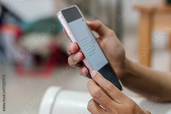 Fototapeta Woman's hand holding a smartphone. Reading books on smartphone.