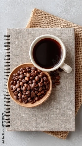 Fototapeta Overhead View Of A Flat Lay Coffee Scene Featuring Roasted Coffee Beans In A Small Bowl Next To A White Mug Filled With Dark Coffee Placed On A Textured Notebook And Burlap Fabric