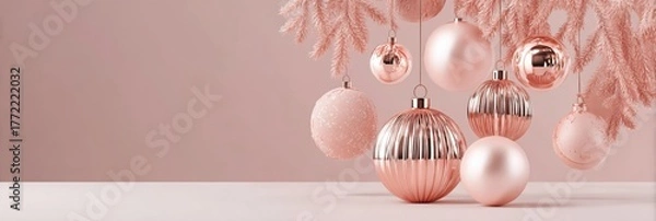 Fototapeta Minimalist Christmas spa background in soft blush pink and rose gold tones with gentle glow lighting, pine twigs, and delicate festive ornaments.