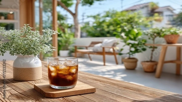Fototapeta Refreshing Iced Black Coffee in a Textured Glass Sits on a Cork Coaster on a Wooden Table Outdoors with Lush Greenery and Sunlight