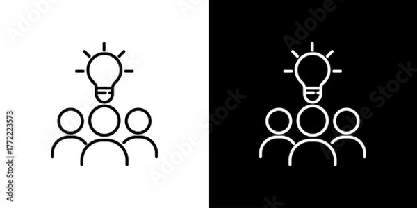 Obraz Black and white line art icon for brainstorming and teamwork. A group of people with a lightbulb representing a collective creative idea or solution