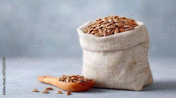 Fototapeta Rustic Burlap Sack Filled With Dried Sunflower Seeds With Wooden Spoon Displaying Seeds On A Light Gray Textured Background With Soft Natural Lighting Creating A Farmhouse Aesthetic