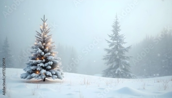 Fototapeta Minimalist white snowy landscape with a single decorated Christmas tree.