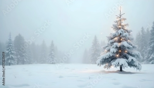 Obraz Minimalist white snowy landscape with a single decorated Christmas tree.