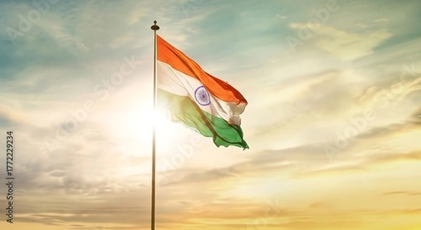 Fototapeta The vibrant indian national flag waves proudly in the bright sunlight against a dramatic cloudy sky