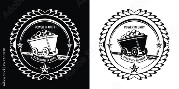 Fototapeta Vintage mining cart full of coal, emblem with laurel wreath and star, black and white illustration