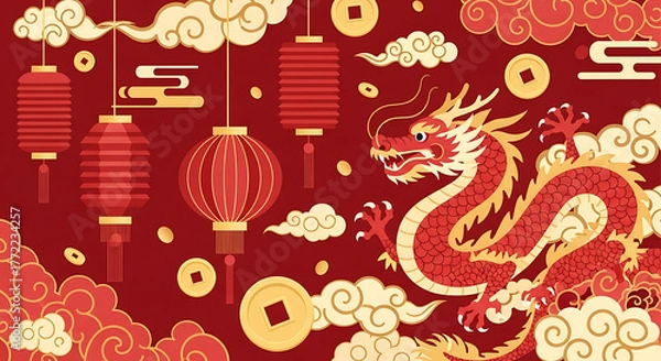 Fototapeta Chinese New Year dragon and red lanterns on red background