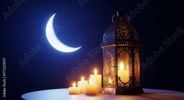 Obraz Lantern and candles illuminate a night scene with a crescent moon and twinkling stars above them all