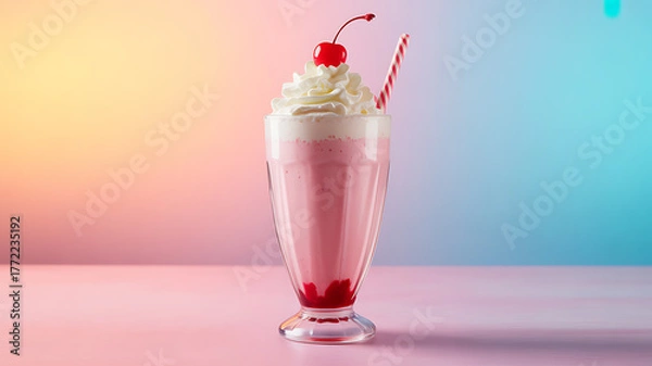 Obraz Pink milkshake with whipped cream, cherry, and striped straw in a tall glass against a gradient background