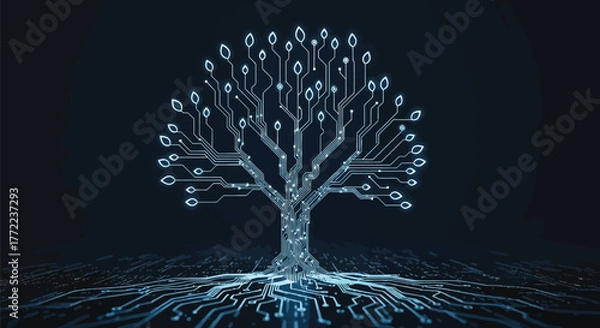 Obraz Digital circuit tree with glowing leaves against a dark technology background