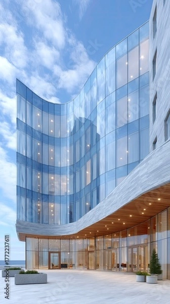 Obraz Modern Architectural Photo of a Futuristic Curved Building Entrance With Glass Facade and Wooden Accents Under a Blue Sky