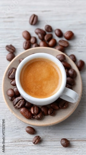 Obraz Overhead Shot Of A White Coffee Cup Filled With Rich Espresso Surrounded By Dark Roasted Coffee Beans On A Light Wooden Surface