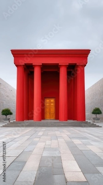 Obraz Striking Low Angle View of a Vibrant Red Temple Entrance with Grand Golden Doors and Classical Columns Under a Cloudy Sky