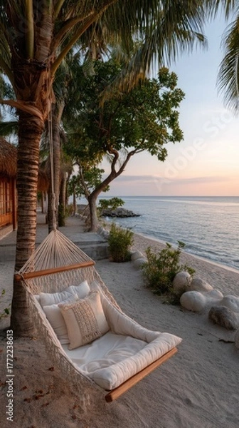 Obraz Tranquil Beach Hammock Serenity At Dusk With Palm Trees And Gentle Ocean Waves Creating A Peaceful Tropical Paradise