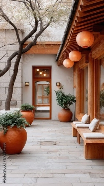 Obraz Traditional Asian Courtyard With Wooden Architecture Stone Walls Terracotta Planters And Paper Lanterns Illuminated By Warm Light
