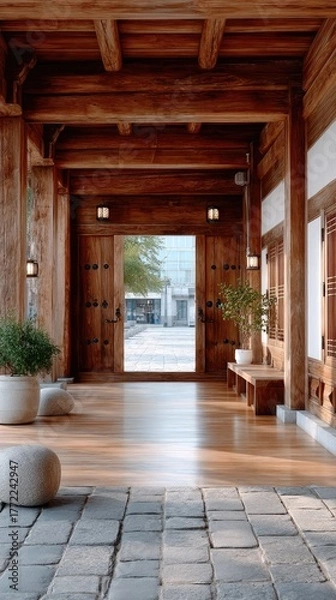 Obraz Traditional Wooden Temple Entrance Gate With Intricate Carvings and Stone Pavement Detailed Architectural View in Warm Sunlight