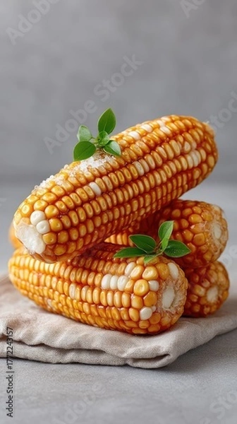 Obraz Warm Daylight Still Life Stacked Sweet Corn Cobs Dusted With Sugar And Garnished With Mint Leaves On Rustic Fabric And Gray Textured Background