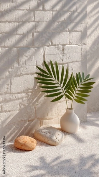 Obraz Minimalist Composition of Green Palm Leaves in a White Vase with Textured Rocks on White Gravel in Bright Sunlight Casting Leaf Shadows on a White Brick Wall