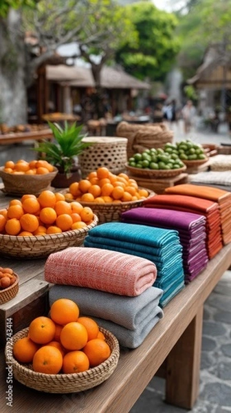 Obraz Outdoor Market Stall Displaying Fresh Oranges and Colorful Folded Textiles on a Wooden Table Bathed in Soft Daylight