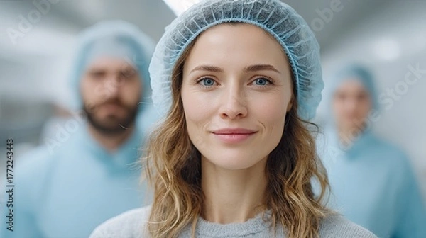 Obraz Portrait of a Young Woman Wearing a Blue Hair Net and Light Grey Sweater in a Factory Setting with Two Male Coworkers in the Blurred Background Wearing Blue Protective Suits and Hair Nets