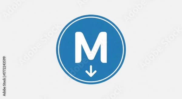 Fototapeta Blue circle with the letter m and a downward arrow, symbolizing download, media, or a mobile app