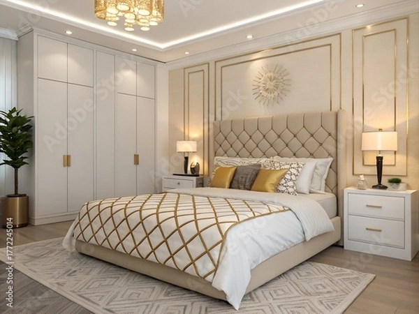 Fototapeta 3D rendering luxury classic bedroom suite in hotel with gold pattern wall decor