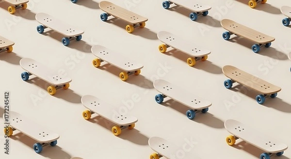 Fototapeta Assorted Skateboards with White Decks and Colorful Wheels Arranged in Pattern