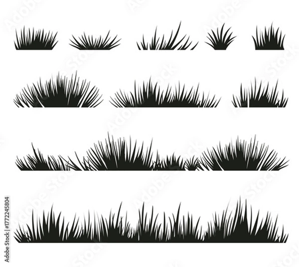 Obraz Set of black flat grass silhouette isolated on white background.. Vector illustration. 