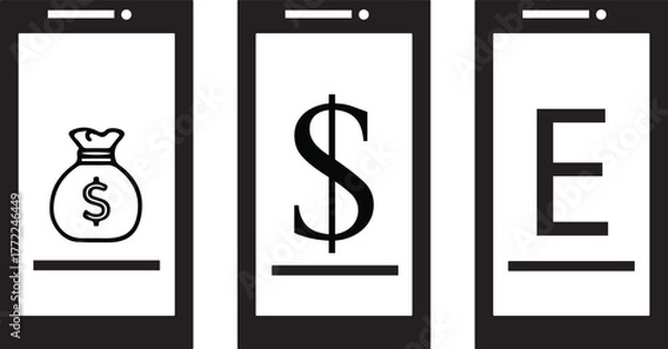 Fototapeta Minimal mobile payment and e-commerce icon design featuring smartphone screens with money, dollar, and letter symbols — perfect for online business, finance app, and digital transaction themes.