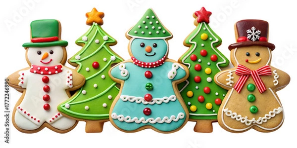 Fototapeta Festive gingerbread cookies shaped like snowmen and christmas trees isolated on transparent background