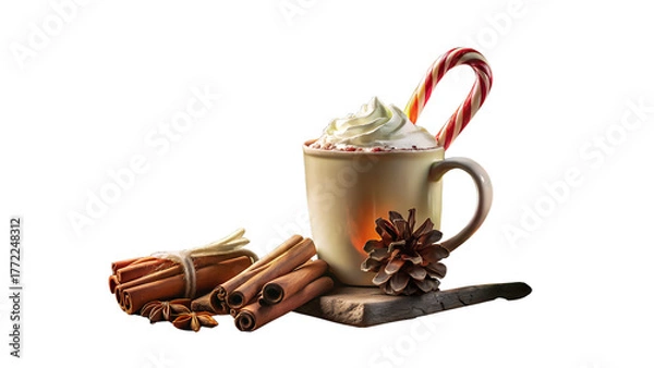 Fototapeta Hot chocolate with candy cane isolated on transparent background