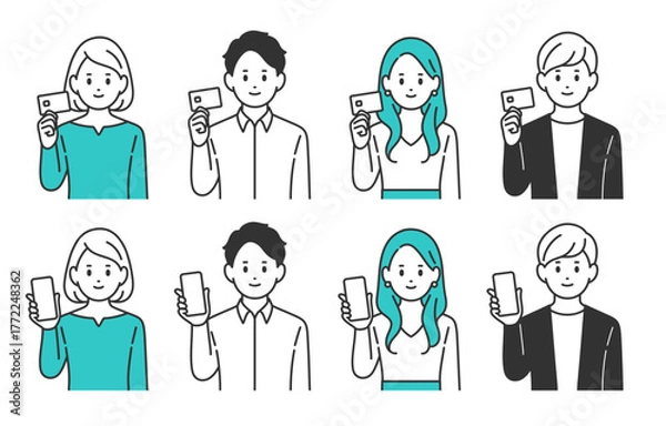 Fototapeta クレジットカードやスマホを持つ若い男女のセット【人物ベクターイラスト素材】