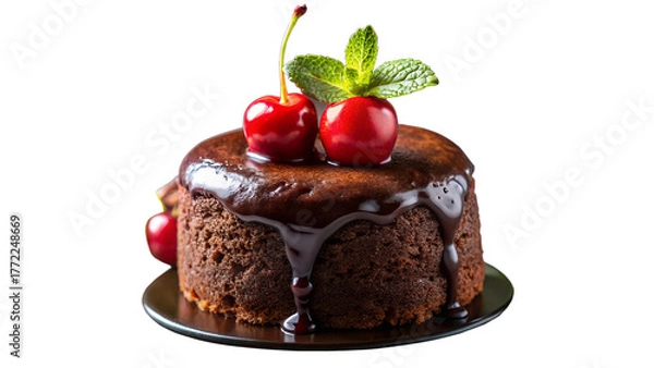 Fototapeta Delicious chocolate lava cake with cherries and mint isolated on transparent background