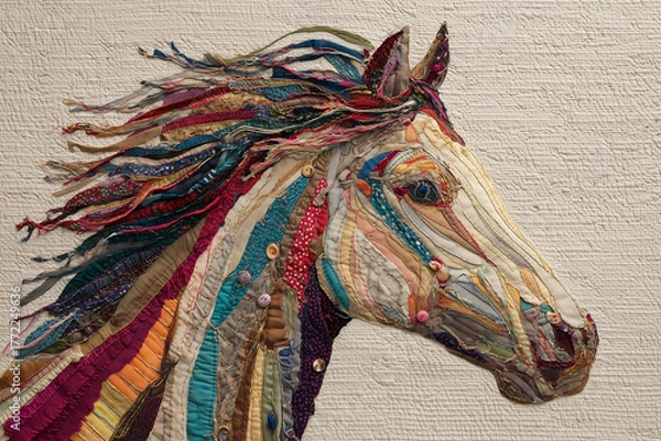 Fototapeta A textile applique of a horse's head made from multi-colored fabric scraps and buttons
