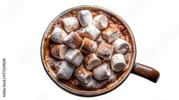 Fototapeta Overhead view of hot chocolate with marshmallows isolated on transparent background