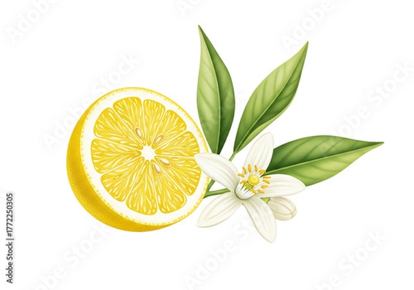 Fototapeta Lemon Slice with Blossom PNG Clip Art - Transparent Citrus Flower Vector Illustration