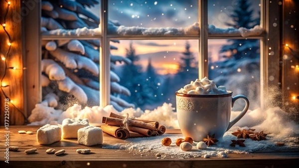 Obraz Cozy winter scene with hot chocolate by the window on a snowy day
