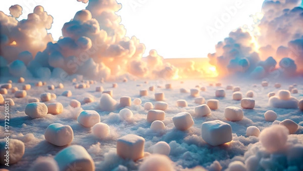 Fototapeta Surreal marshmallow landscape with clouds and sky at sunset isolated on transparent background