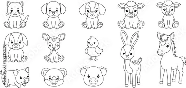 Fototapeta Cartoon animals outline cute vector illustration drawing design graphic art
