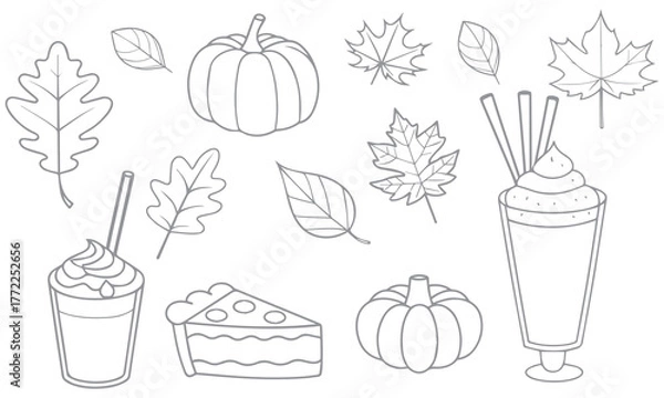 Fototapeta Cute Food and Dessert Line Art Icon Set – Hand-Drawn Vector Collection of Snacks, Sweets, and Drinks .