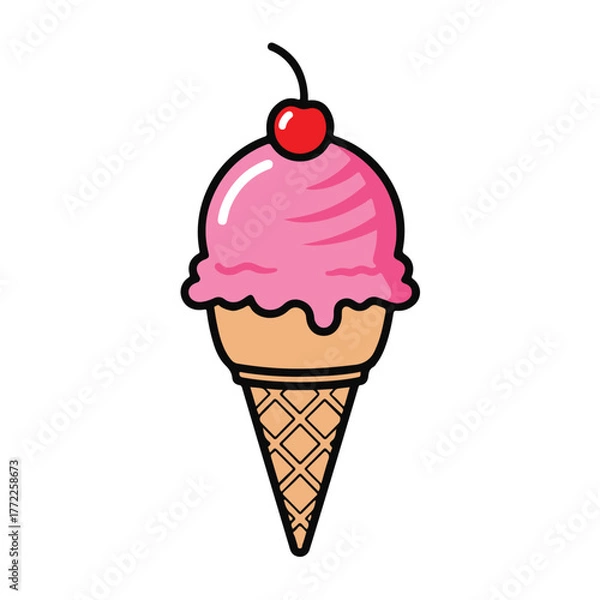 Obraz Cartoon Pink Ice Cream Cone with Cherry Topping Illustration.