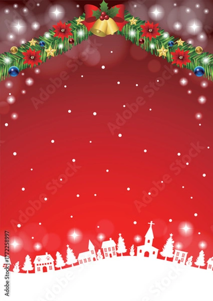 Fototapeta クリスマス背景、町並みシルエット、赤、かわいい、イラスト、縦