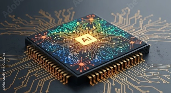 Fototapeta A glowing AI microprocessor chip with intricate, luminous neural network pathways on a circuit board.